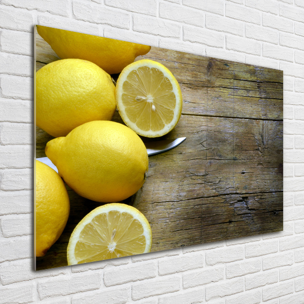 Cuadro decorativo de vidrio para salón horizontal Limones en madera