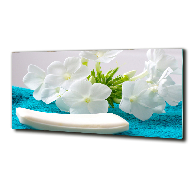 Cuadro decorativo de vidrio para salón horizontal Flores blancas de spa