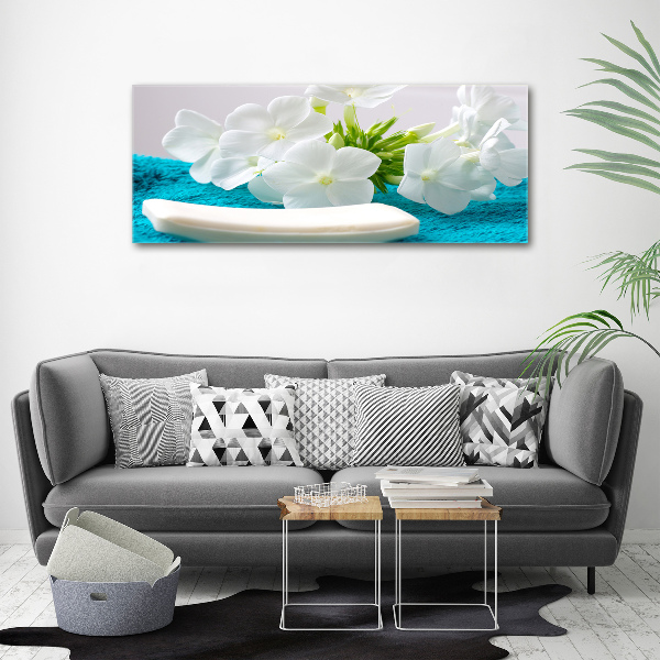 Cuadro decorativo de vidrio para salón horizontal Flores blancas de spa