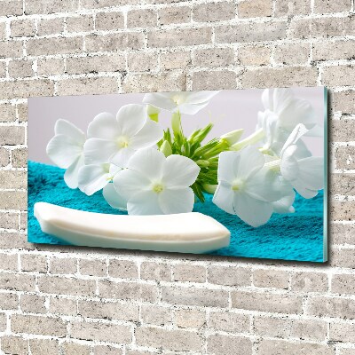 Cuadro decorativo de vidrio para salón horizontal Flores blancas de spa
