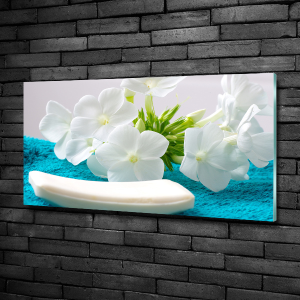 Cuadro decorativo de vidrio para salón horizontal Flores blancas de spa