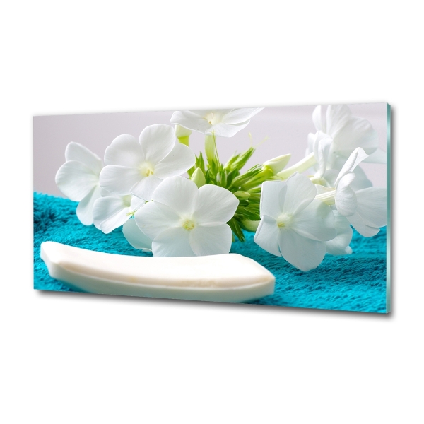 Cuadro decorativo de vidrio para salón horizontal Flores blancas de spa