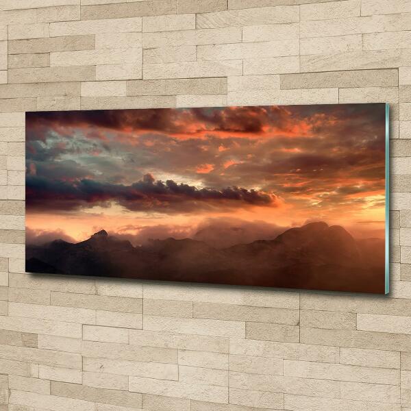 Cuadro decorativo de vidrio para salón horizontal Puesta de sol sobre las montañas