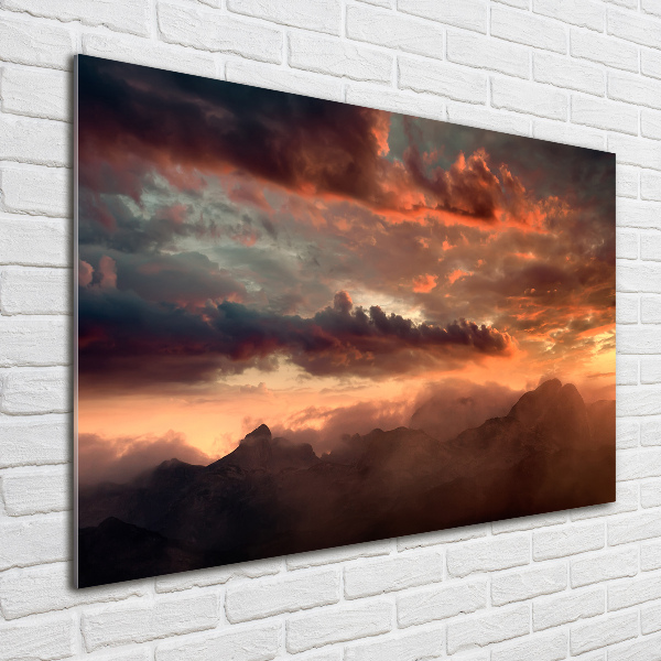 Cuadro decorativo de vidrio para salón horizontal Puesta de sol sobre las montañas