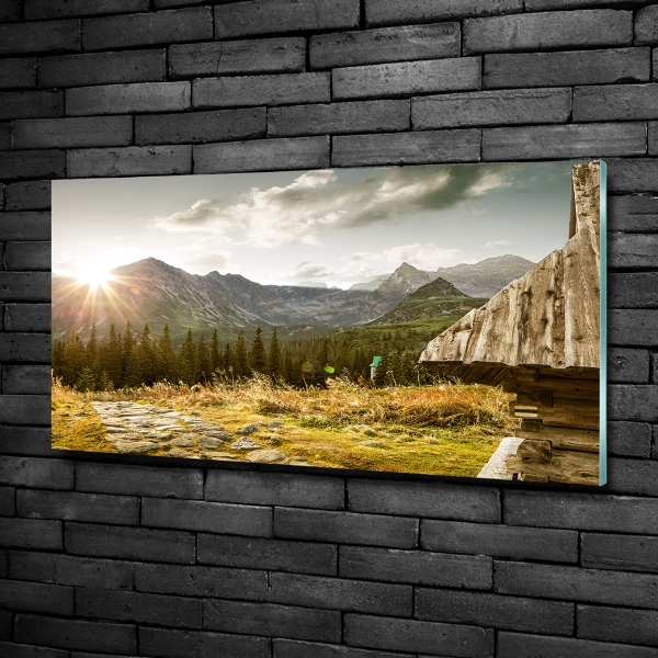 Impresión en cristal con acabado brillante horizontal Casa en las montañas