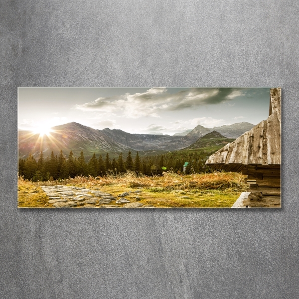 Impresión en cristal con acabado brillante horizontal Casa en las montañas