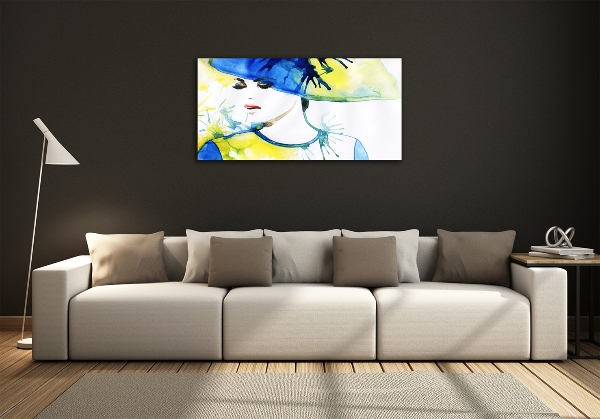 Cuadro decorativo de vidrio para salón horizontal Mujer con sombrero