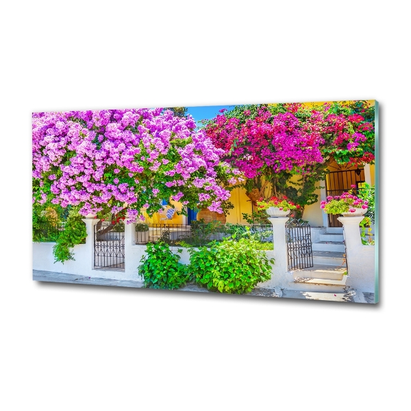 Foto en cristal de alta calidad con impresión uv horizontal Casa con buganvillas