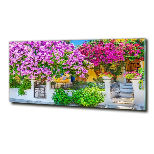 Foto en cristal de alta calidad con impresión uv horizontal Casa con buganvillas