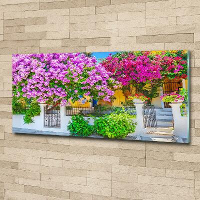 Foto en cristal de alta calidad con impresión uv horizontal Casa con buganvillas