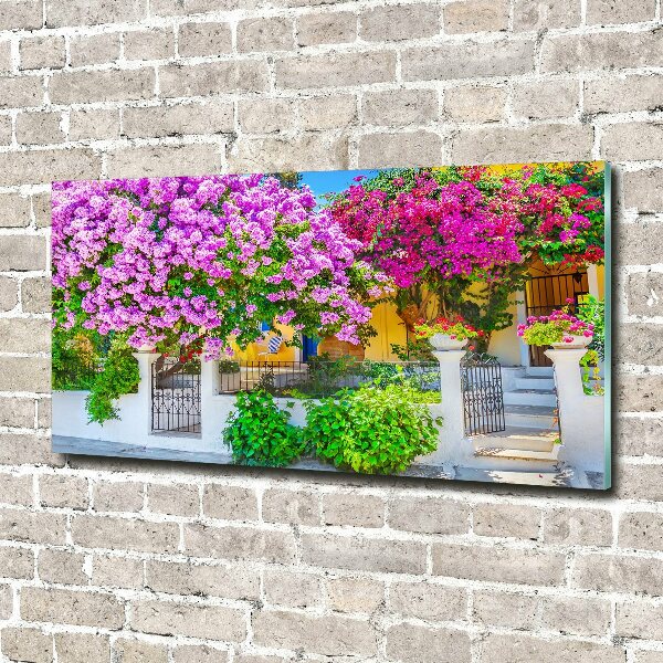 Foto en cristal de alta calidad con impresión uv horizontal Casa con buganvillas