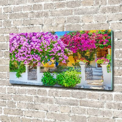 Foto en cristal de alta calidad con impresión uv horizontal Casa con buganvillas