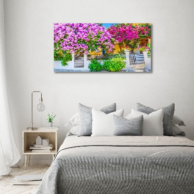 Foto en cristal de alta calidad con impresión uv horizontal Casa con buganvillas