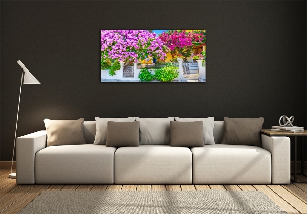 Foto en cristal de alta calidad con impresión uv horizontal Casa con buganvillas