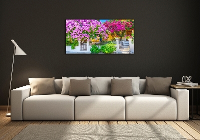 Foto en cristal de alta calidad con impresión uv horizontal Casa con buganvillas