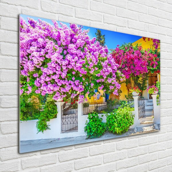 Foto en cristal de alta calidad con impresión uv horizontal Casa con buganvillas