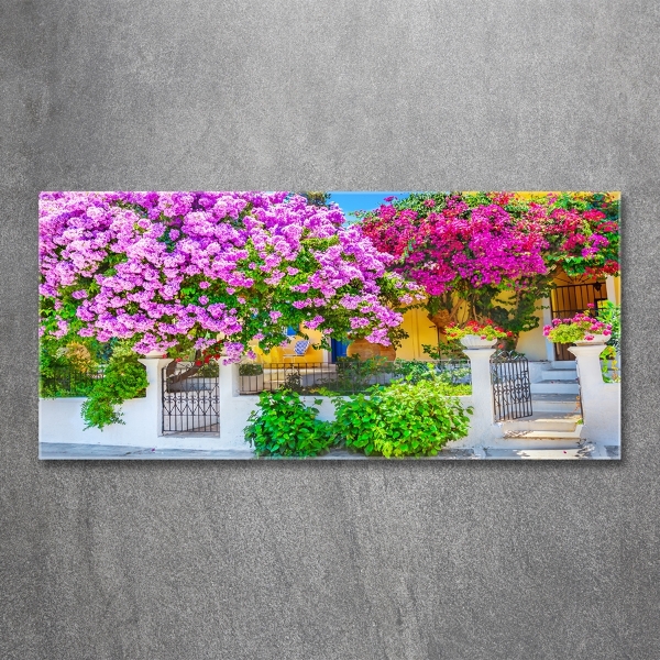 Foto en cristal de alta calidad con impresión uv horizontal Casa con buganvillas