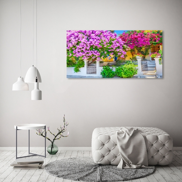 Foto en cristal de alta calidad con impresión uv horizontal Casa con buganvillas