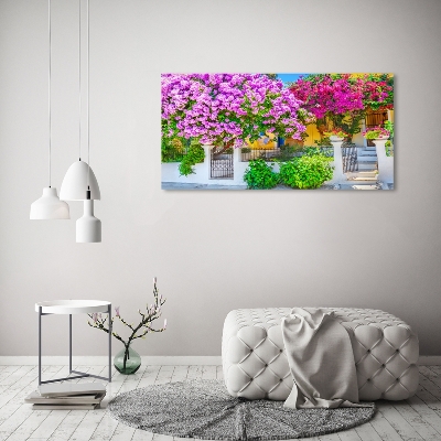 Foto en cristal de alta calidad con impresión uv horizontal Casa con buganvillas