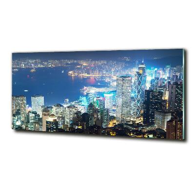 Cuadro decorativo de vidrio para salón horizontal Hong Kong de noche