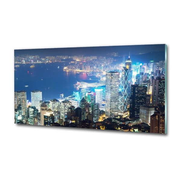 Cuadro decorativo de vidrio para salón horizontal Hong Kong de noche