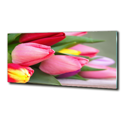 Cuadro decorativo de vidrio para salón horizontal tulipanes coloridos