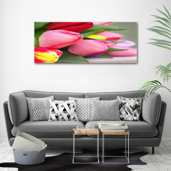 Cuadro decorativo de vidrio para salón horizontal tulipanes coloridos