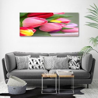Cuadro decorativo de vidrio para salón horizontal tulipanes coloridos