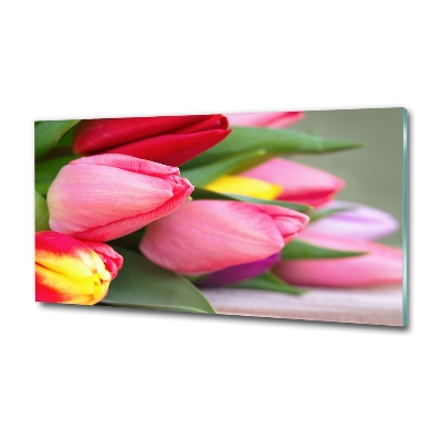 Cuadro decorativo de vidrio para salón horizontal tulipanes coloridos