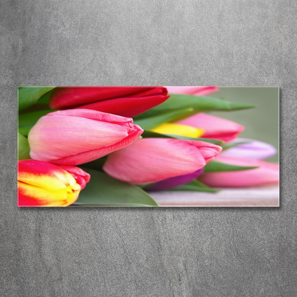 Cuadro decorativo de vidrio para salón horizontal tulipanes coloridos