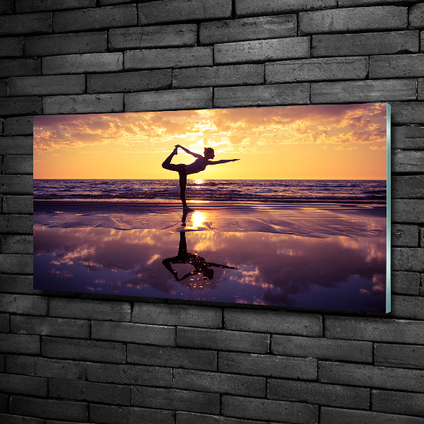 Cuadro decorativo de vidrio para salón horizontal Yoga en la playa