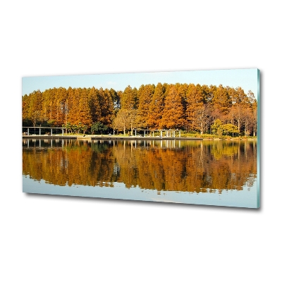 Impresión en cristal con acabado brillante horizontal Bosque junto al lago