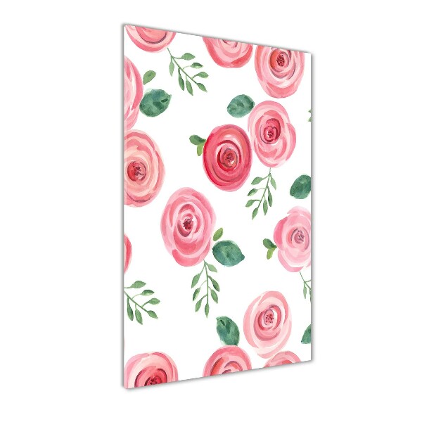 Cuadro de cristal moderno efecto brillo vertical rosas rosadas