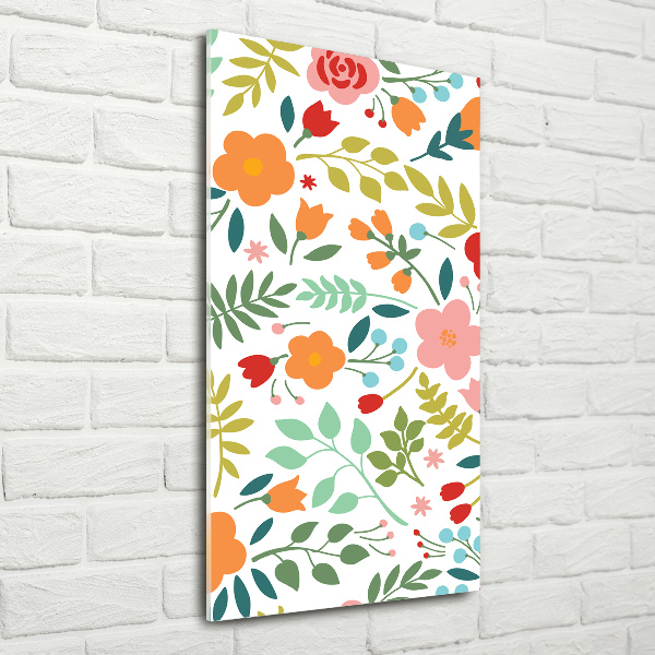 Cuadro decorativo en cristal con canto pulido vertical flores de colores
