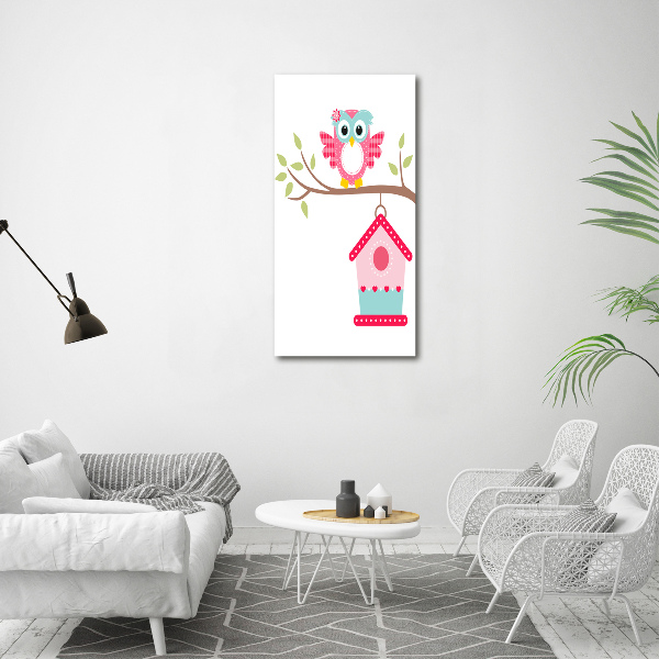 Cuadro de vidrio templado 4mm para pared vertical Búho en una rama