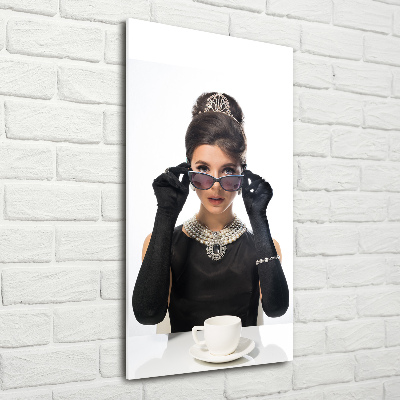 Cuadro decorativo en cristal con canto pulido vertical Mujer con gafas
