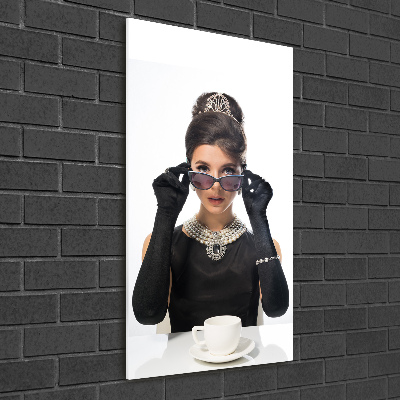 Cuadro decorativo en cristal con canto pulido vertical Mujer con gafas
