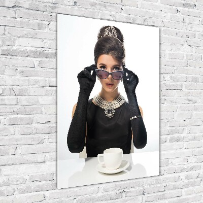 Cuadro decorativo en cristal con canto pulido vertical Mujer con gafas