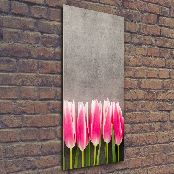 Cuadro de cristal moderno efecto brillo vertical tulipanes rosados