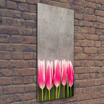 Cuadro de cristal moderno efecto brillo vertical tulipanes rosados