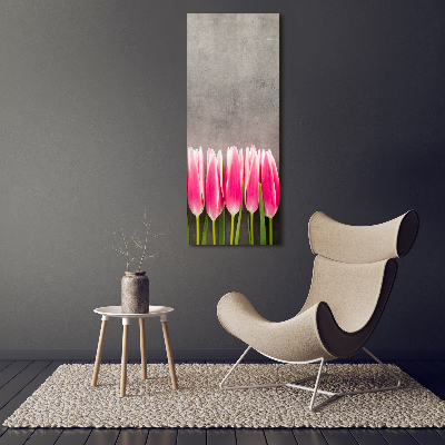 Cuadro de cristal moderno efecto brillo vertical tulipanes rosados