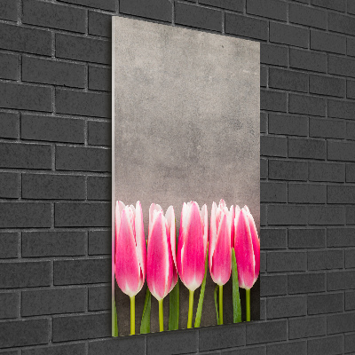 Cuadro de cristal moderno efecto brillo vertical tulipanes rosados