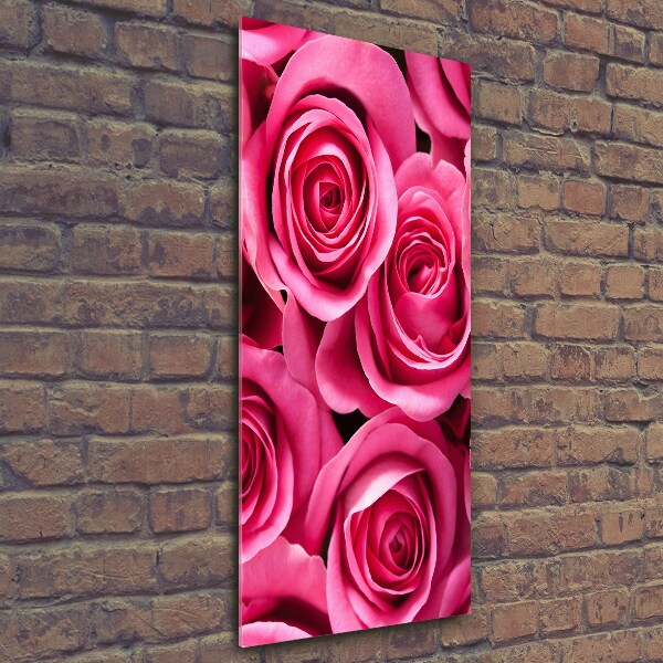 Cuadro decorativo en cristal con canto pulido vertical rosas rosadas