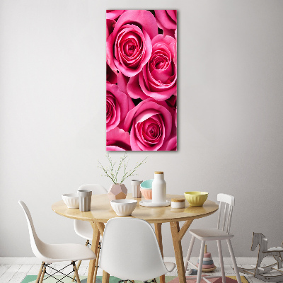 Cuadro decorativo en cristal con canto pulido vertical rosas rosadas