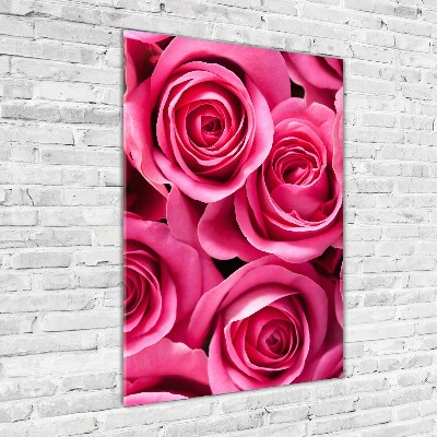 Cuadro decorativo en cristal con canto pulido vertical rosas rosadas