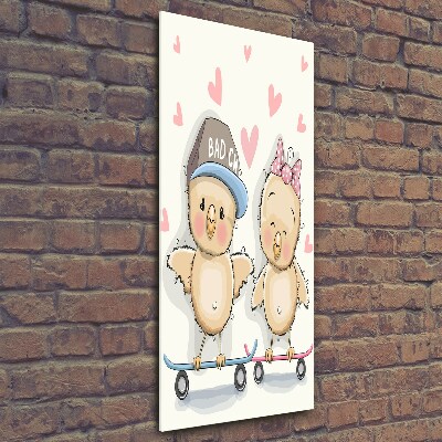 Fotocuadro de cristal elegante para hogar vertical Pollos en patineta