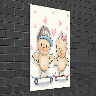 Fotocuadro de cristal elegante para hogar vertical Pollos en patineta