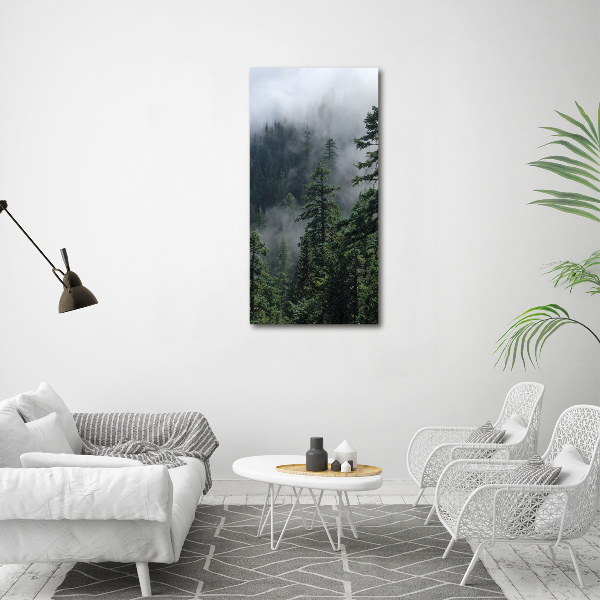 Fotocuadro de cristal elegante para hogar vertical Niebla sobre el bosque