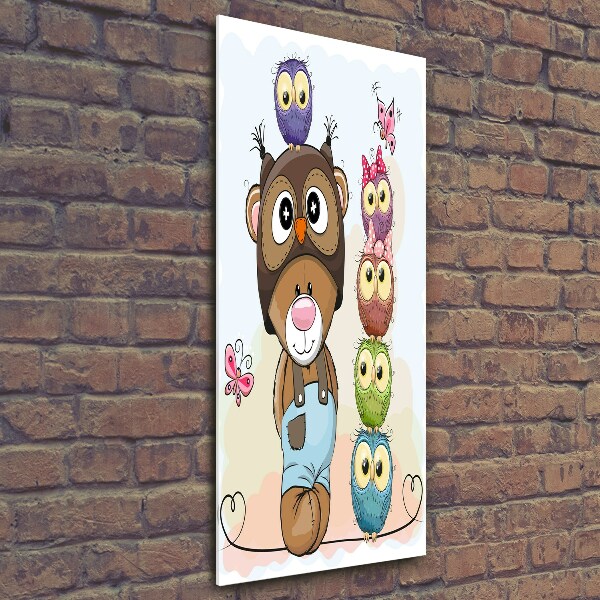 Cuadro de cristal moderno efecto brillo vertical Osito de peluche y búhos