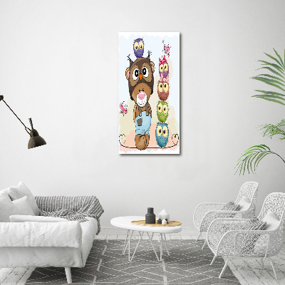Cuadro de cristal moderno efecto brillo vertical Osito de peluche y búhos